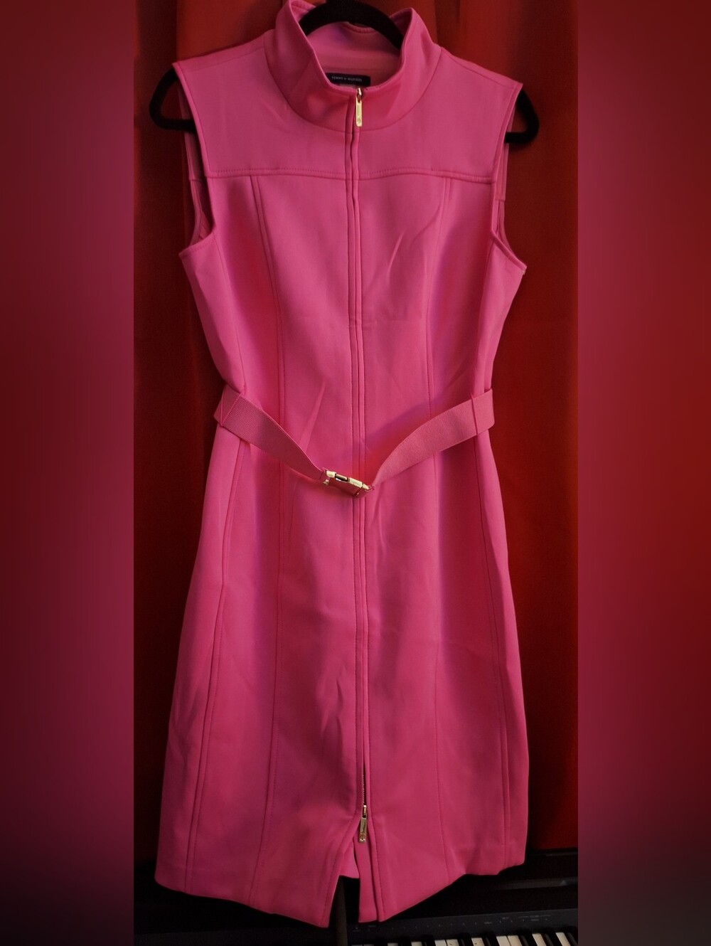 Tommy Hilfiger Sleeveless Pink Zip-Front Belted Midi Dress Barbie Pink